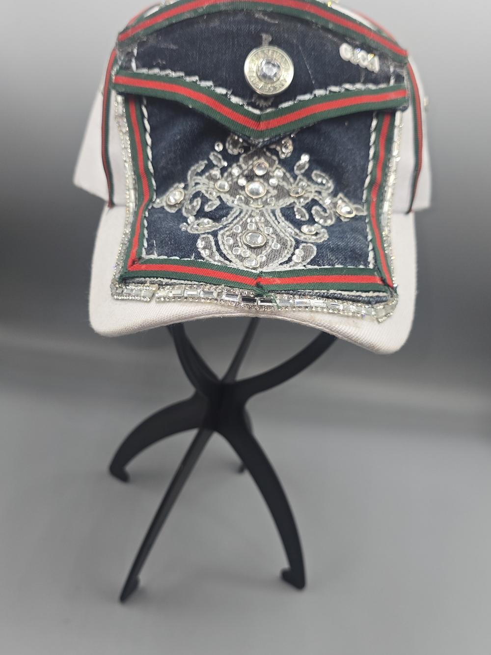 Embellished White and Navy Women’s Baseball Cap - Designer Stripe Detail